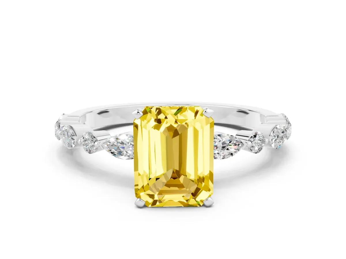 Emerald Cut Yellow Sapphire Ring with Marquise and Round Side Stones and Four-Prong Setting Platinum