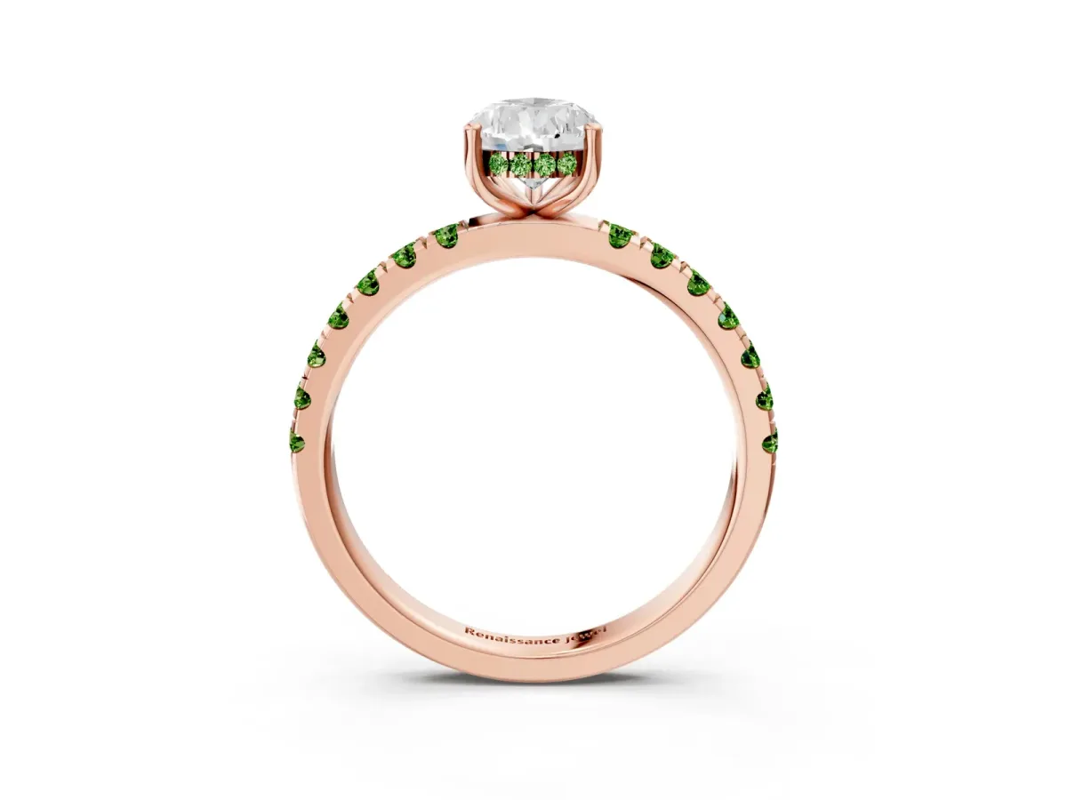 Pear Cut Diamond Pave Band Solitaire Ring with Round Peridot and Prong Setting Rose gold