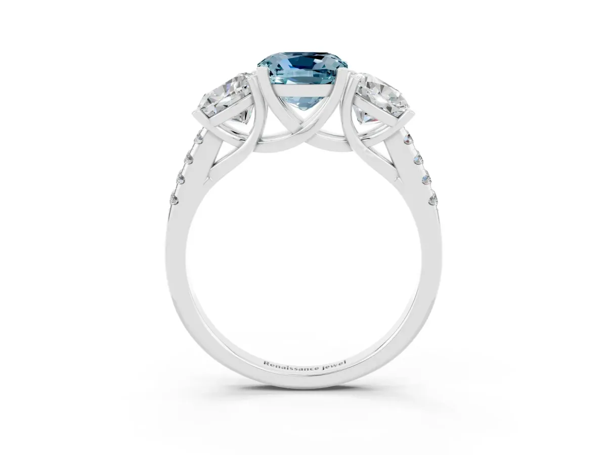 Three-Stone Cushion Cut Aquamarine Ring with Round Pavé Band and Prong Setting White gold