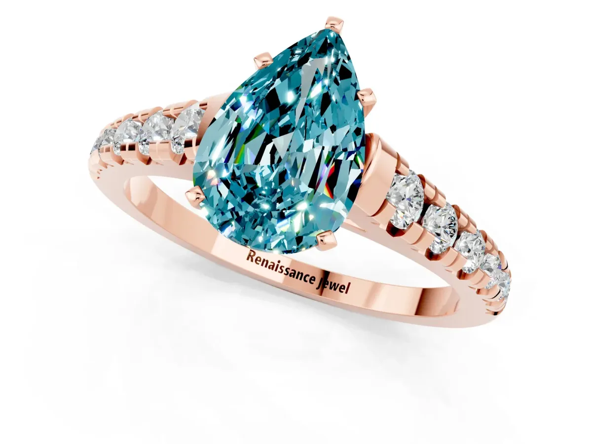 Pear Cut Blue Topaz Cathedral Solitaire Ring with Round Pavé Band Rose gold