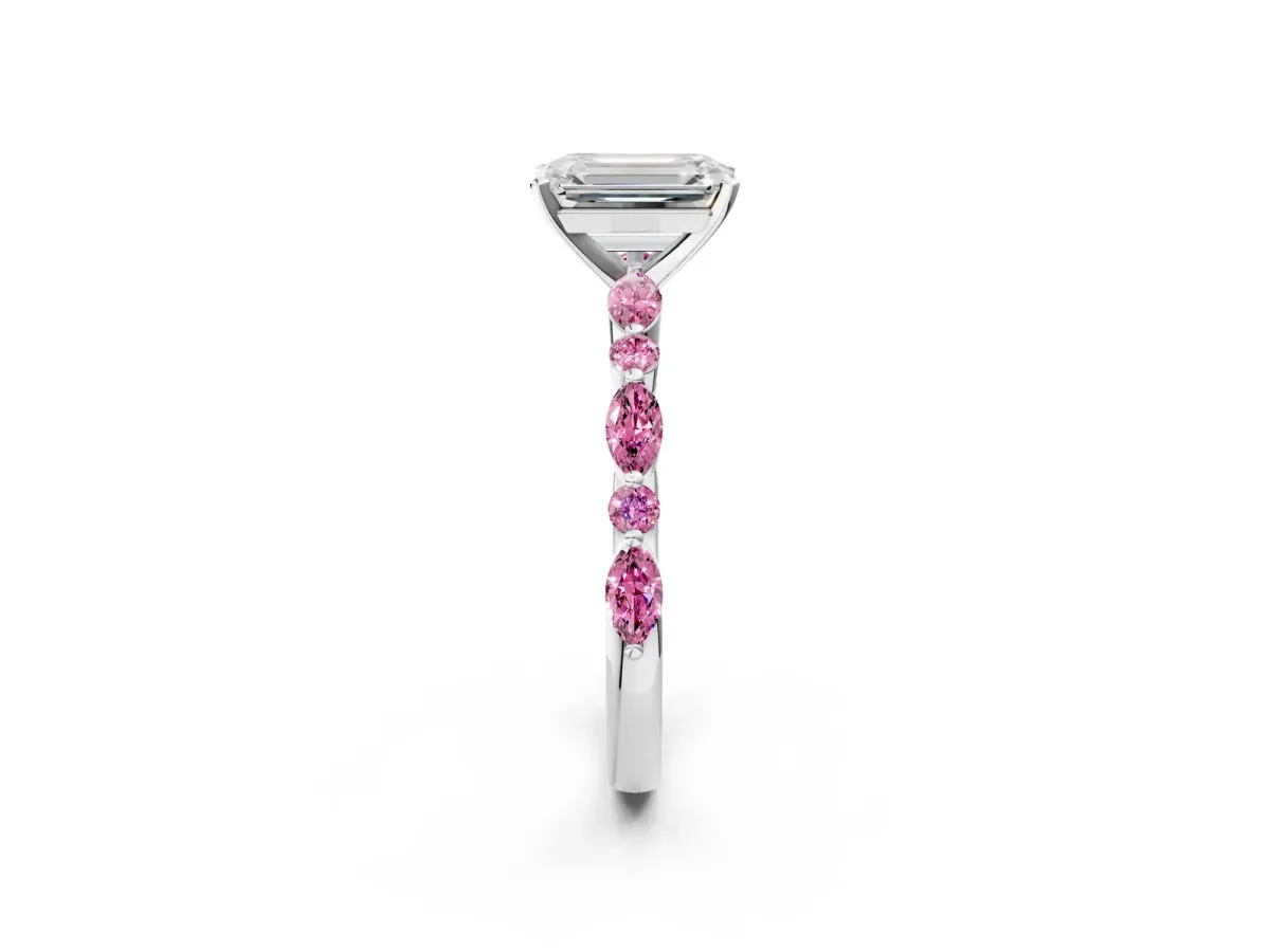 Emerald Cut Diamond Ring with Marquise and Round Pink Sapphire Side Stones and Four-Prong Setting Silver