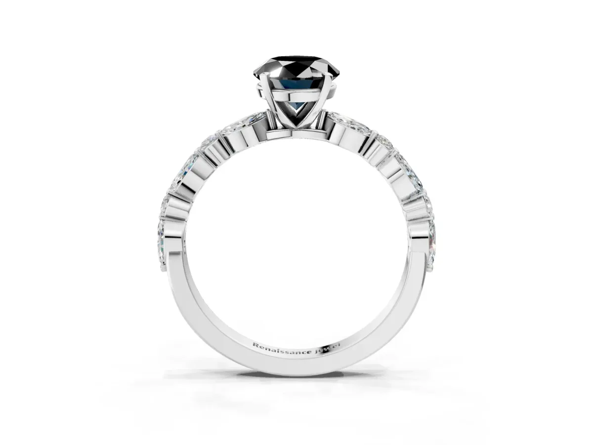 Fancy Black Oval Cut Diamond Ring with Marquise and Round Side Stones and Four-Prong Setting Platinum