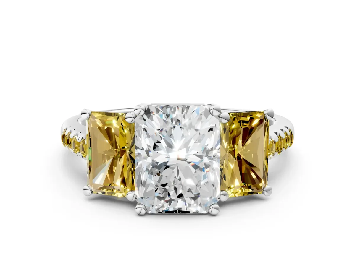 Three-Stone Radiant Cut Diamond Ring with Round Yellow Sapphire Pavé Band and Prong Setting Silver