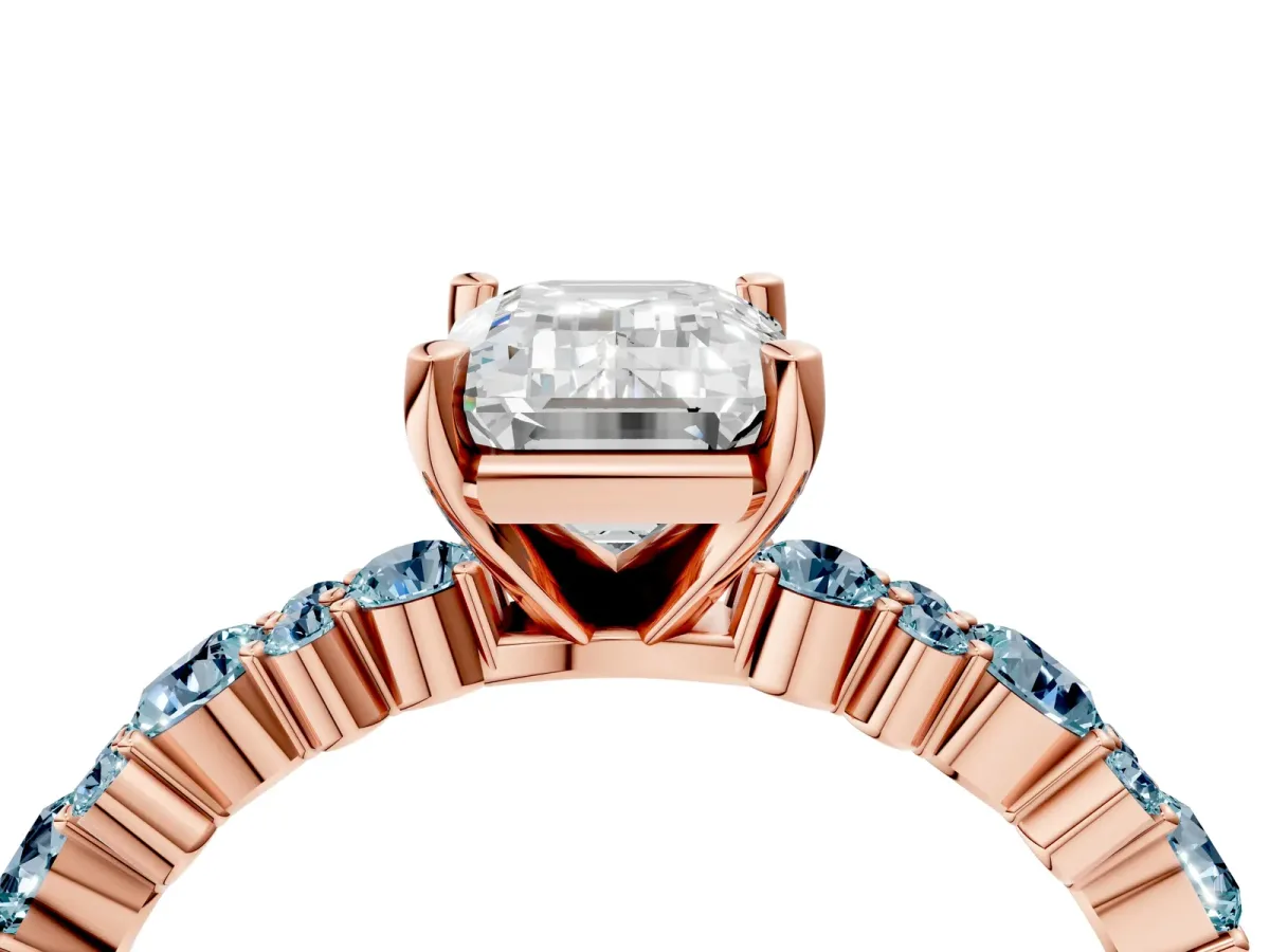 Emerald Cut Diamond Side Stone Solitaire Ring with Round Aquamarine and Four-Prong Setting Rose gold