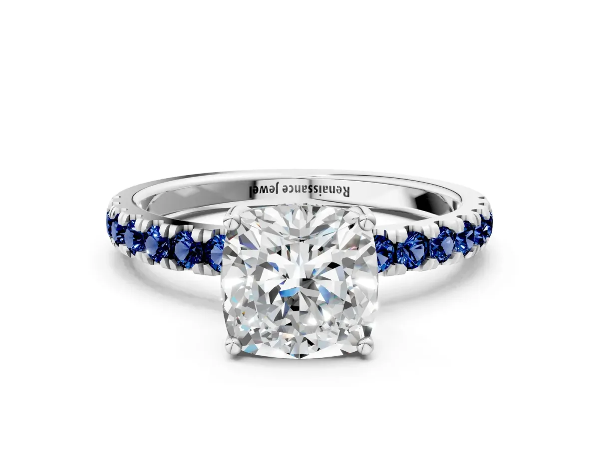 Cushion Cut Diamond Pave Band Solitaire Ring with Round Blue Sapphire and Prong Setting Platinum