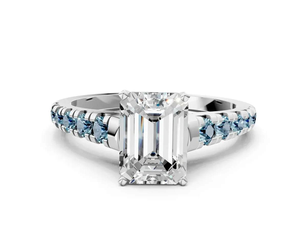 Emerald Cut Diamond Cathedral Solitaire Ring with Round Aquamarine Pavé Band Silver