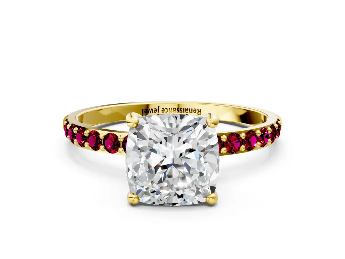 Cushion Cut Diamond Solitaire Ring with Round Garnet Pavé Band and Prong Setting Yellow gold