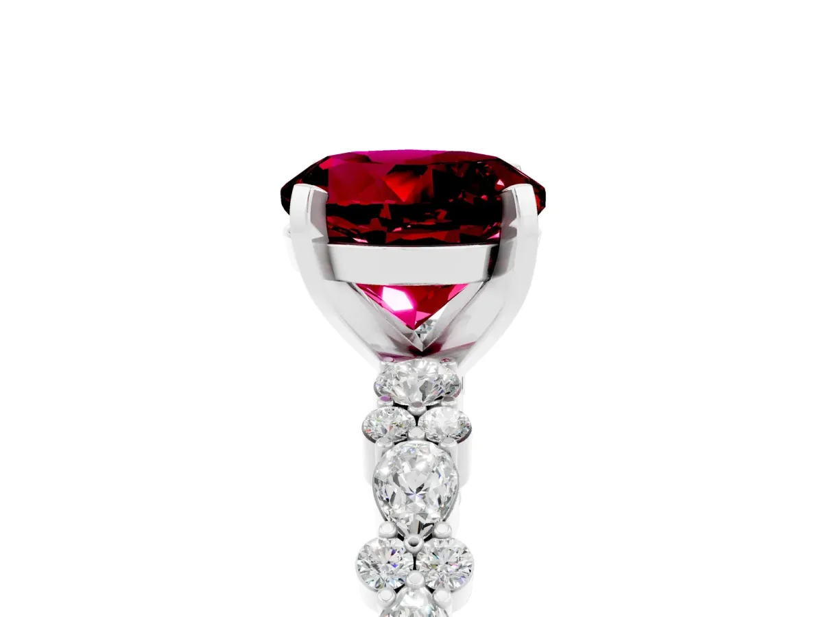 Round Cut Garnet Side Stone Solitaire Ring with Round and Four-Prong Setting Silver
