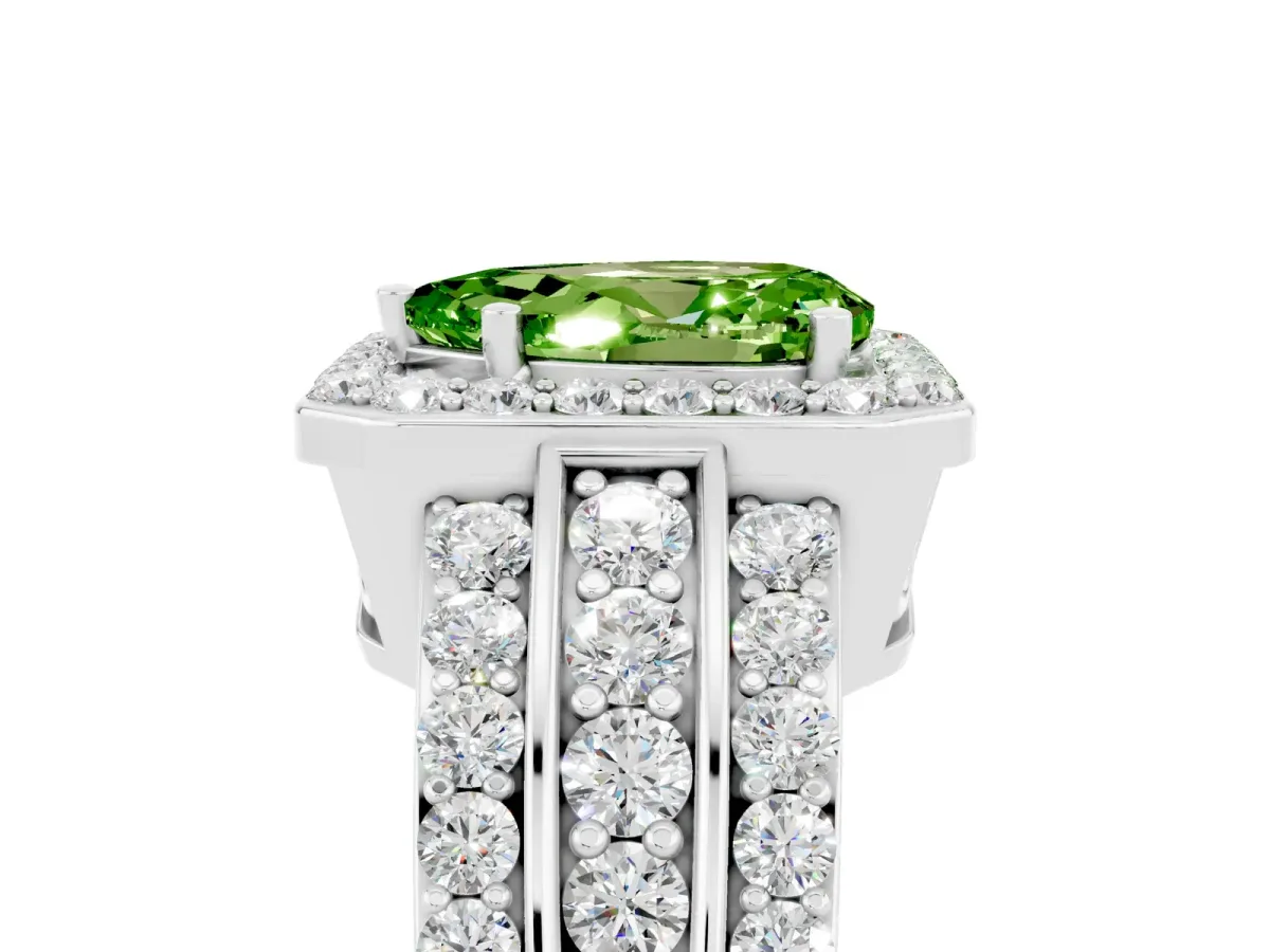 Pear Cut Halo Peridot Ring with Round Split Shank and Prong Setting Silver