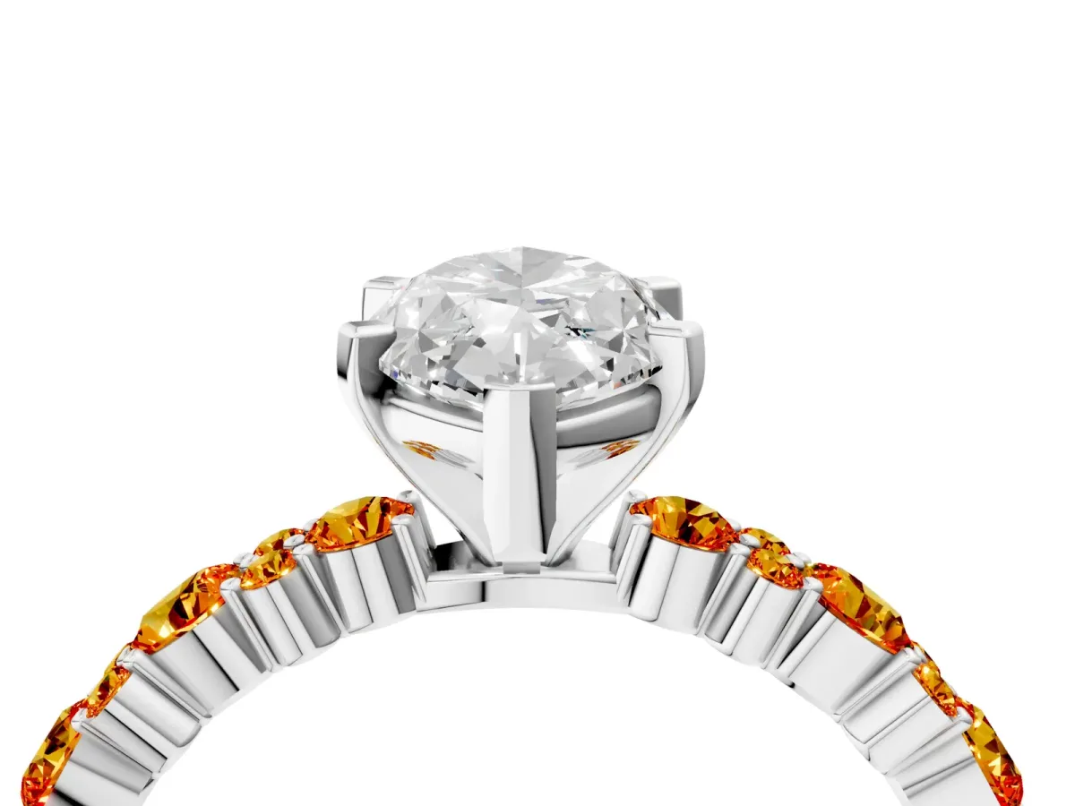 Marquise Cut Diamond Side Stone Solitaire Ring with Round Citrine and Four-Prong Setting White gold