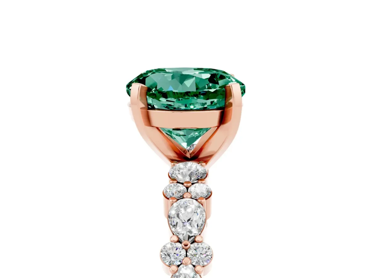 Round Cut Green Sapphire Side Stone Solitaire Ring with Round and Four-Prong Setting Rose gold