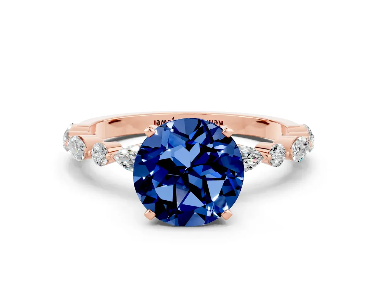 Round Cut Blue Sapphire Ring with Marquise and Round Side Stones and Four-Prong Setting Rose gold
