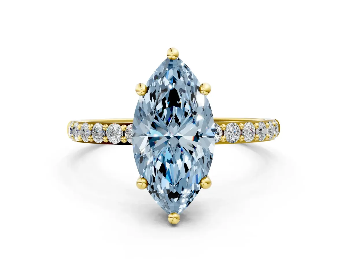 Fancy Blue Marquise Cut Diamond Solitaire Ring with Round Pavé Band and Prong Setting Yellow gold