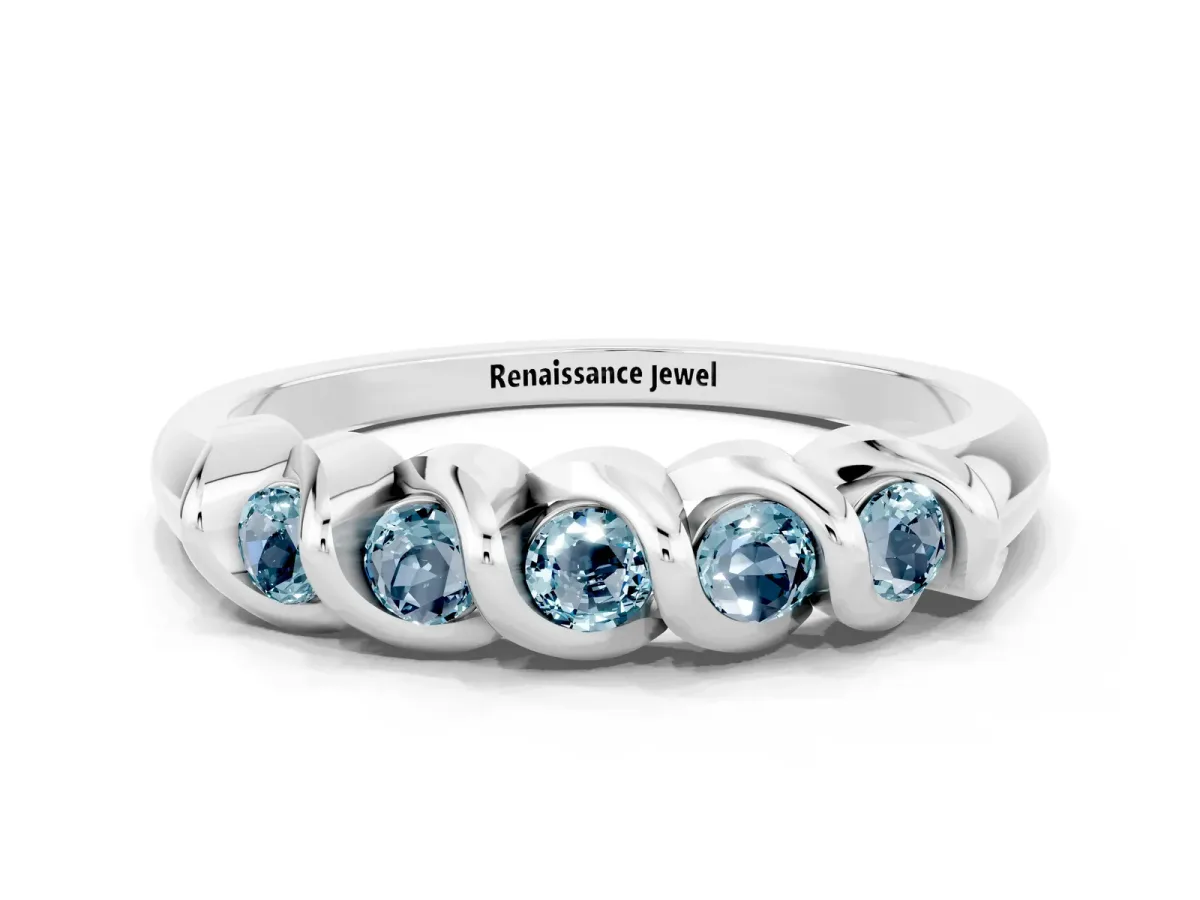 Round Aquamarine Eternity Band with Twist Prong Setting Platinum