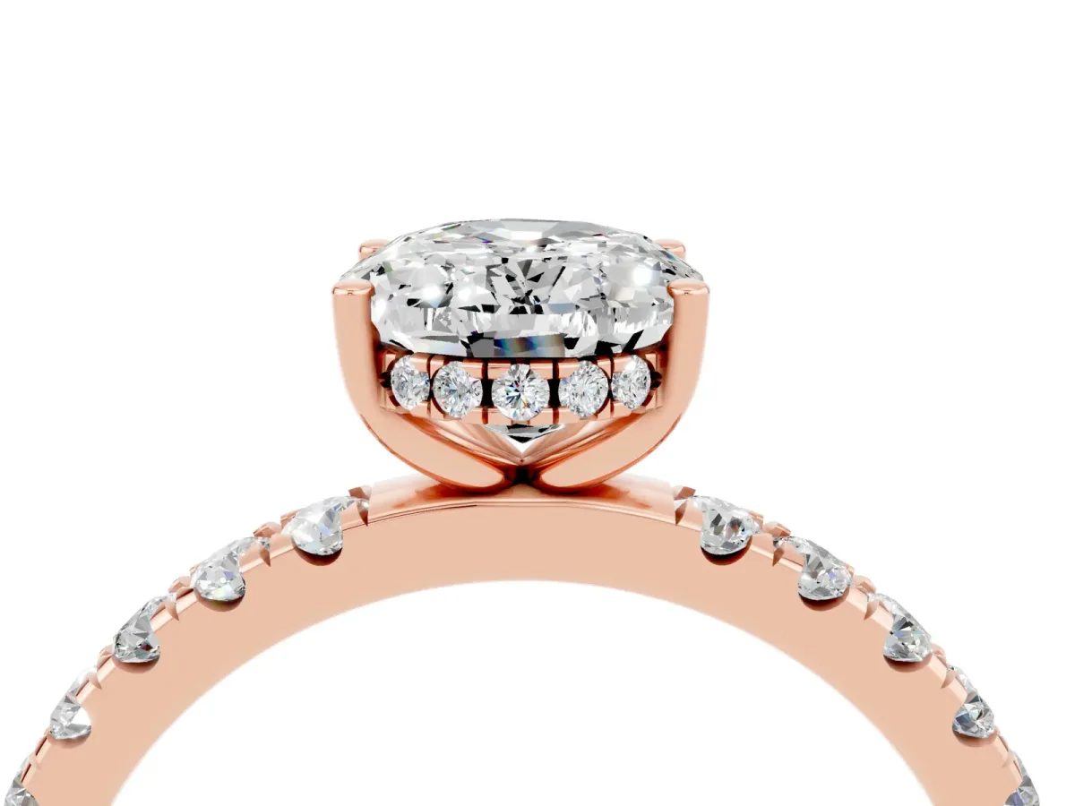 Oval Cut Moissanite Pave Band Solitaire Ring with Round and Prong Setting Rose gold