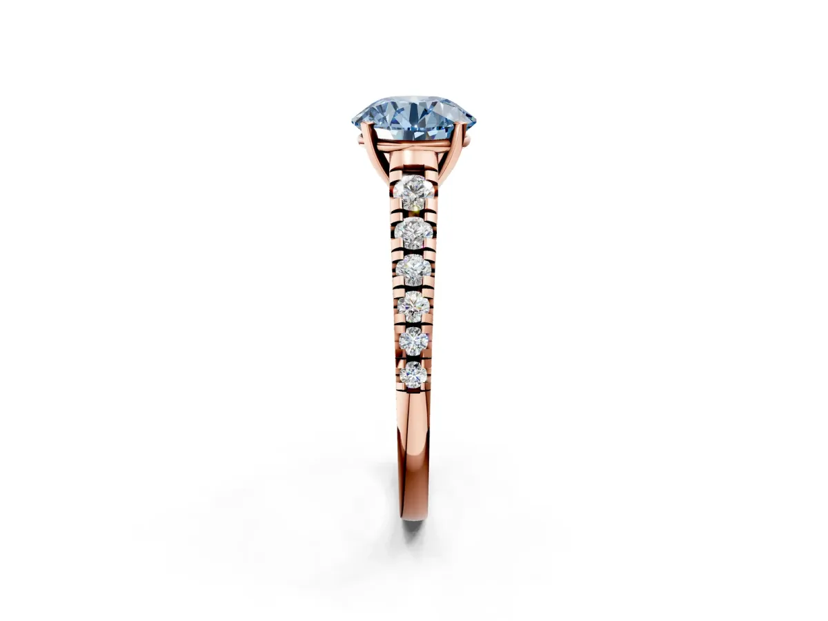 Fancy Blue Round Cut Diamond Cathedral Solitaire Ring with Round Pavé Band Rose gold