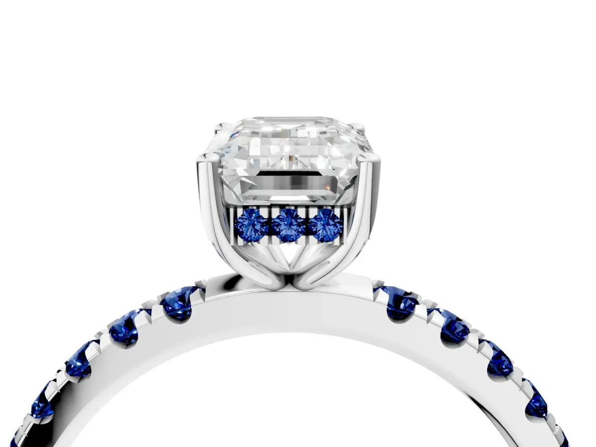 Emerald Cut Diamond Pave Band Solitaire Ring with Round Blue Sapphire and Prong Setting White gold