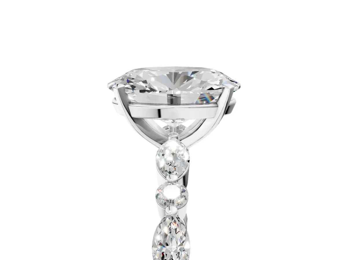 Oval Cut Diamond Ring with Marquise and Round Moissanite Side Stones and Four-Prong Setting Silver