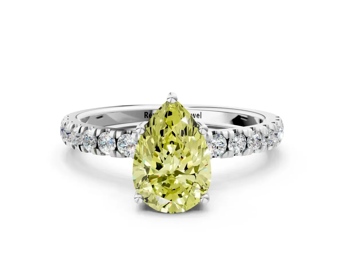 Fancy Yellow Pear Cut Diamond Pave Band Solitaire Ring with Round and Prong Setting White gold