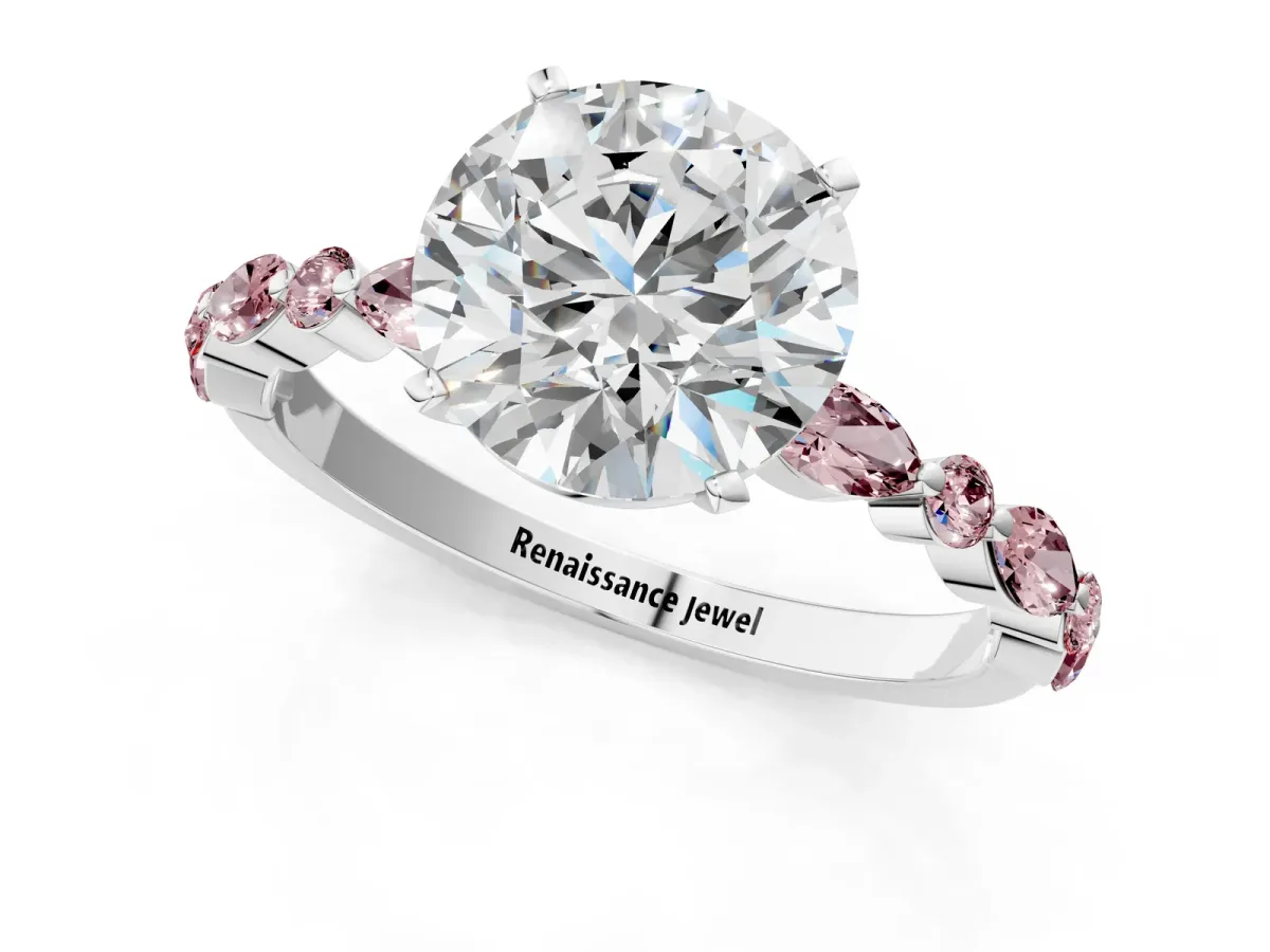 Round Cut Diamond Ring with Marquise and Round Morganite Side Stones and Four-Prong Setting Silver