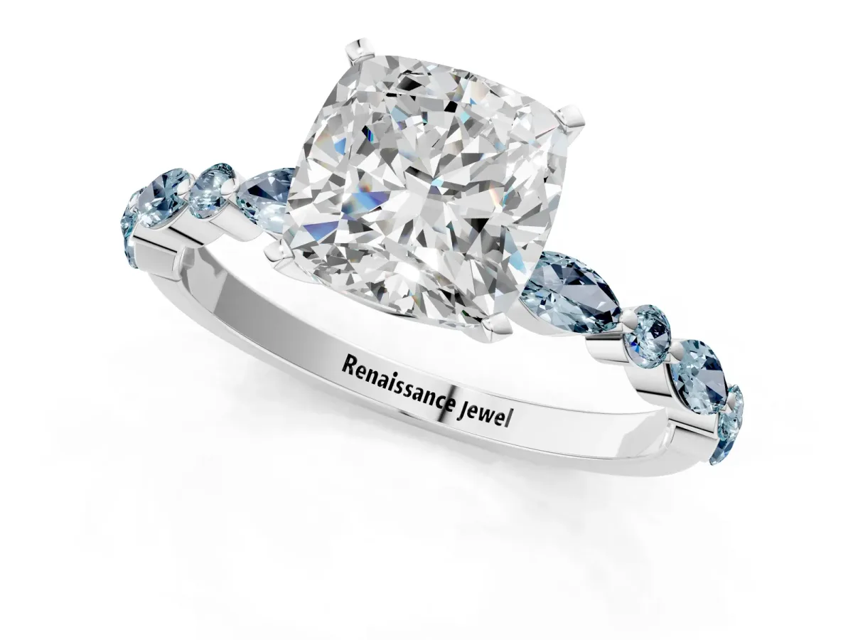 Cushion Cut Diamond Ring with Marquise and Round Aquamarine Side Stones and Four-Prong Setting Silver