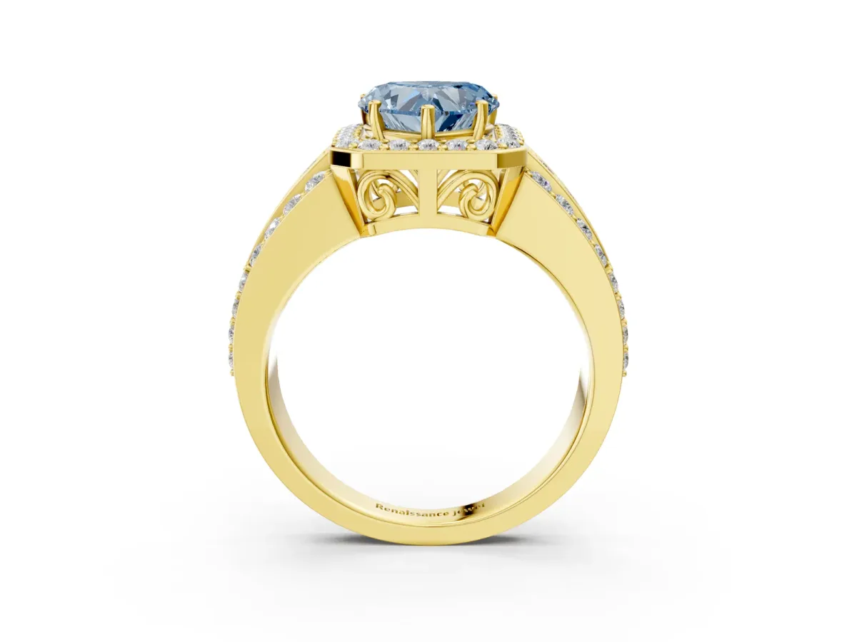 Fancy Blue Heart Cut Halo Diamond Ring with Round Split Shank and Prong Setting Yellow gold