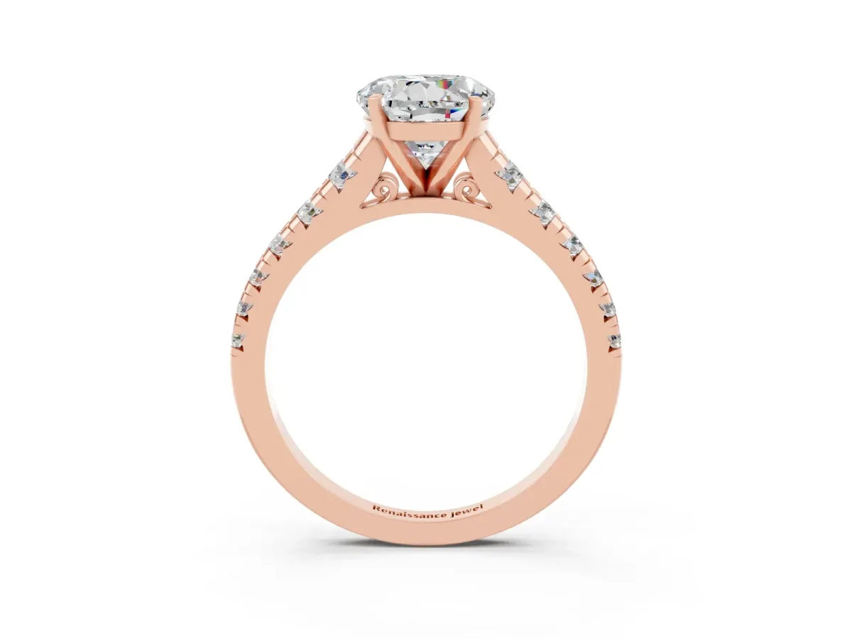 Round Cut Moissanite Cathedral Solitaire Ring with Round Pavé Band Rose gold