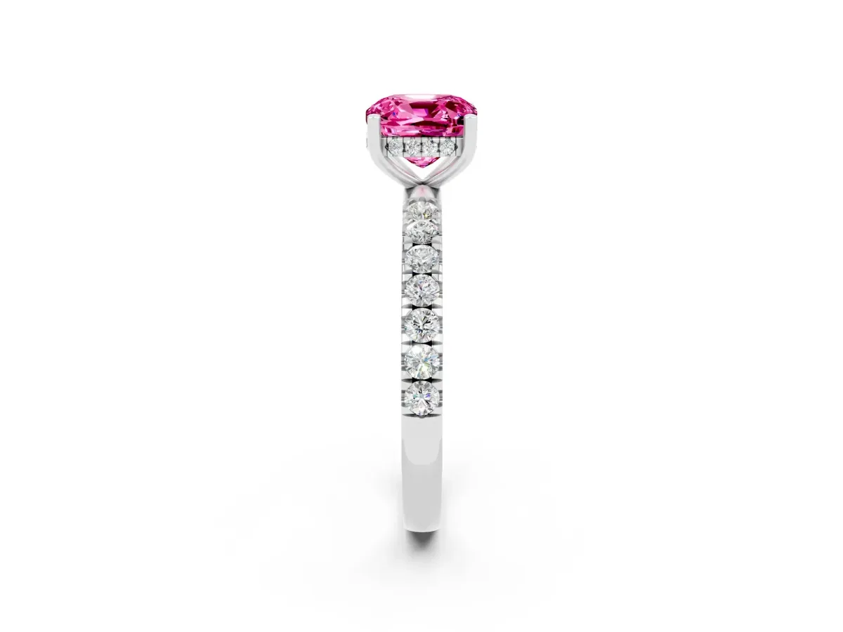 Cushion Cut Pink Sapphire Pave Band Solitaire Ring with Round and Prong Setting Silver