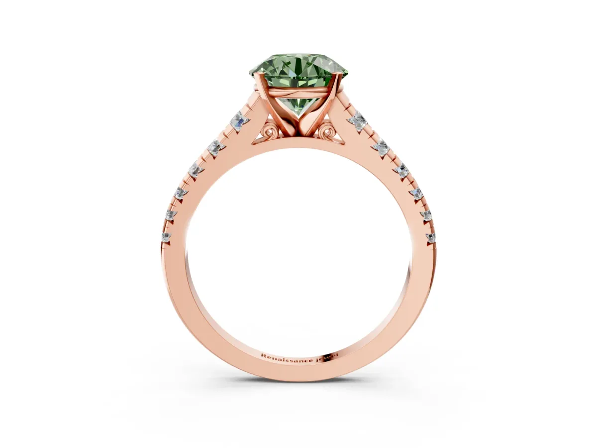 Fancy Green Round Cut Diamond Cathedral Solitaire Ring with Round Pavé Band Rose gold