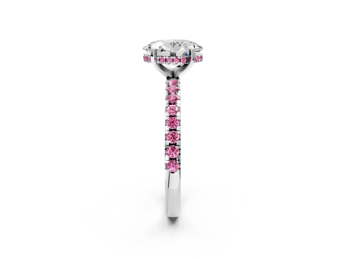 Oval Cut Diamond Solitaire Ring with Round Pink Sapphire Pavé Band and Four-Prong Setting Silver