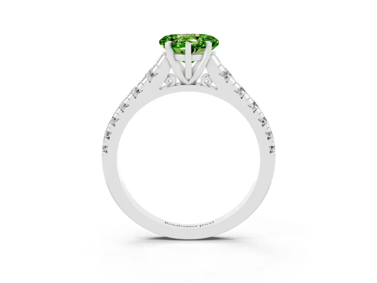 Heart Cut Peridot Cathedral Solitaire Ring with Round Pavé Band White gold