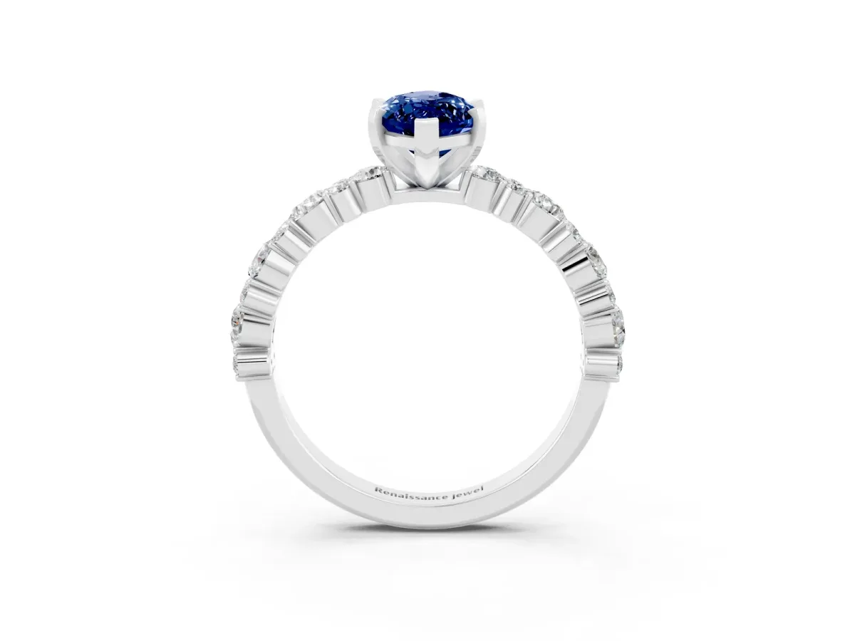 Marquise Cut Blue Sapphire Side Stone Solitaire Ring with Round and Four-Prong Setting Silver