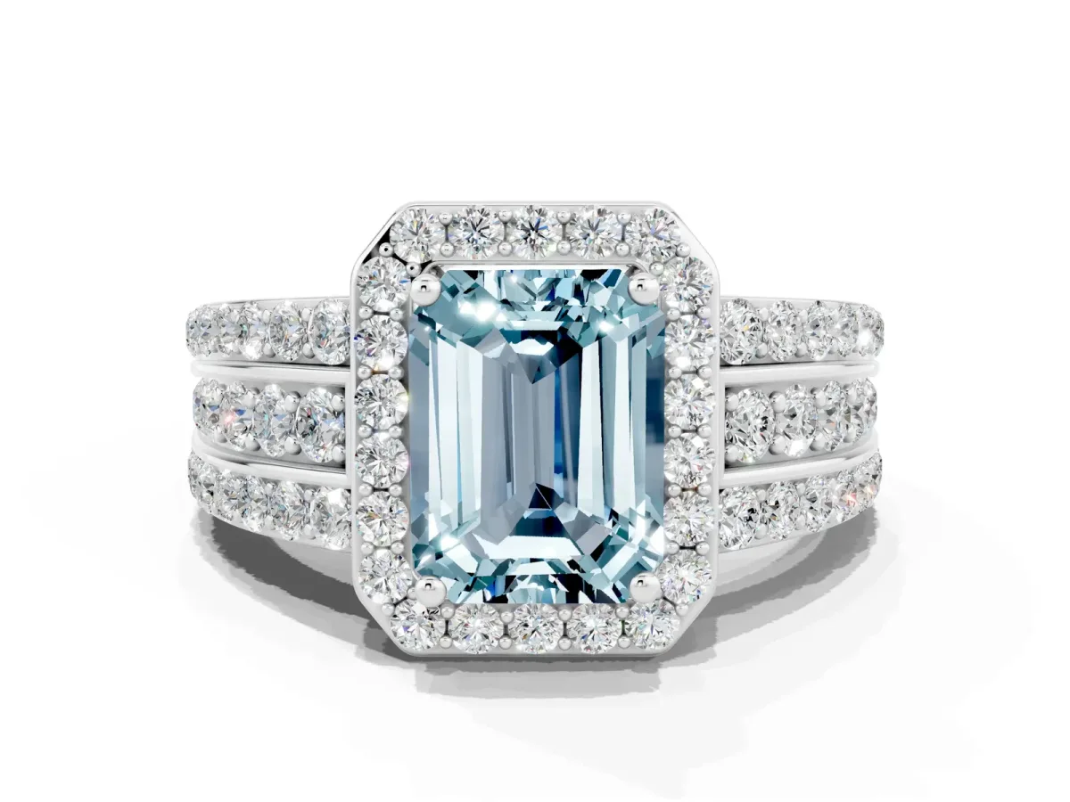 Emerald Cut Halo Aquamarine Ring with Round Split Shank and Prong Setting Platinum