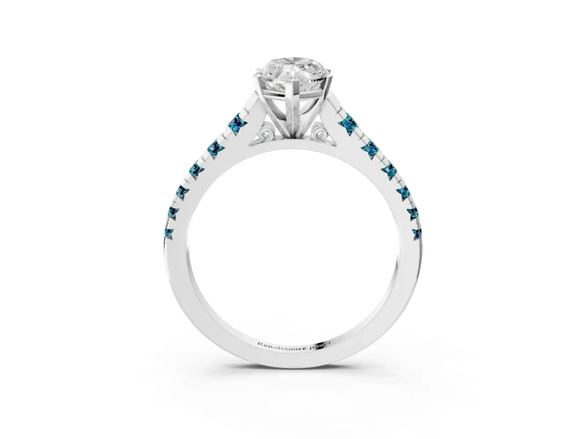 Marquise Cut Diamond Cathedral Solitaire Ring with Round Blue Topaz Pavé Band Silver
