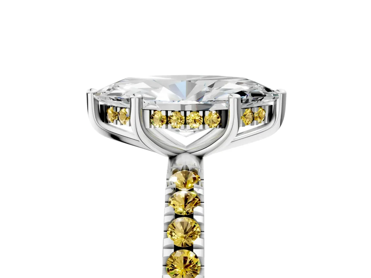 Marquise Cut Diamond Pave Band Solitaire Ring with Round Yellow Sapphire and Prong Setting Silver