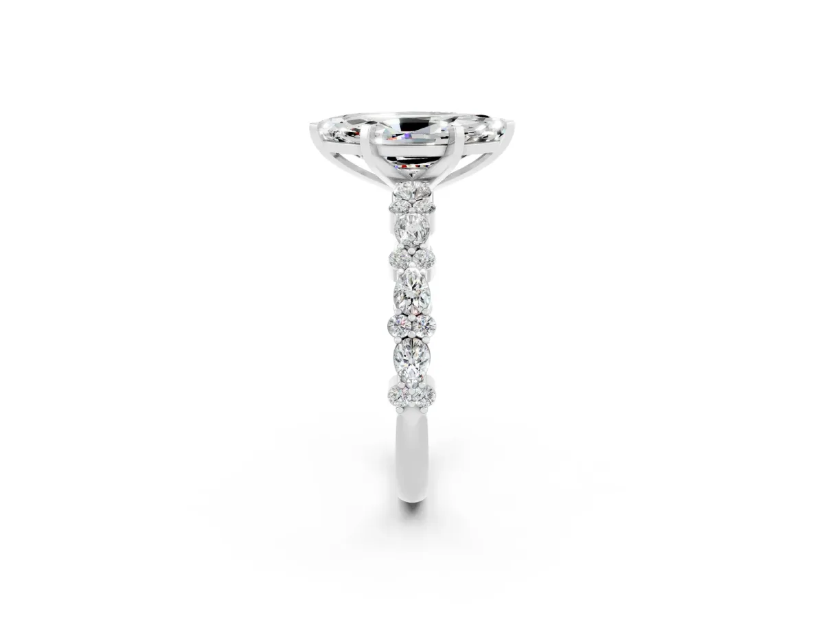 Marquise Cut Moissanite Side Stone Solitaire Ring with Round and Four-Prong Setting White gold