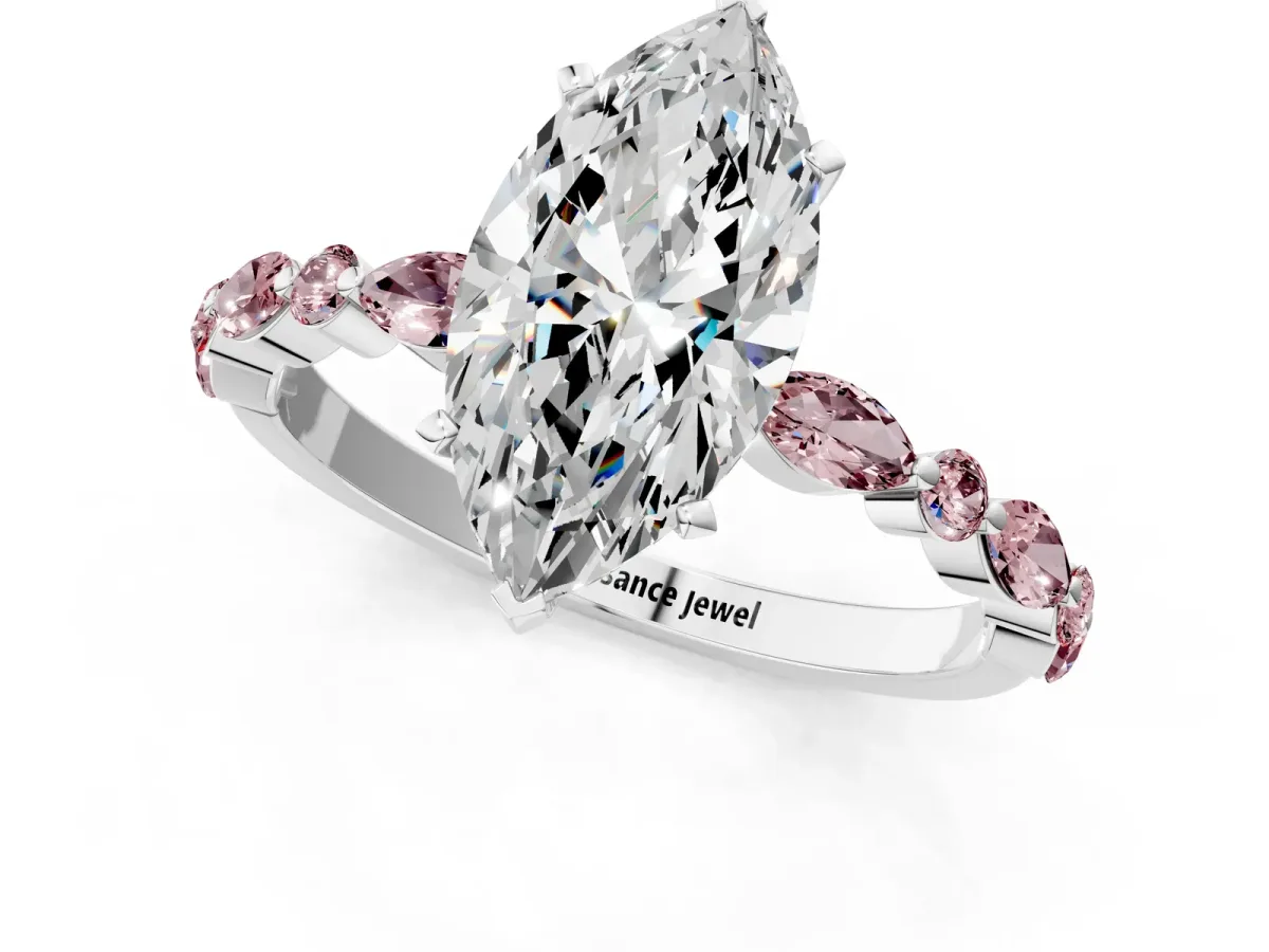 Marquise Cut Diamond Ring with Marquise and Round Morganite Side Stones and Four-Prong Setting Silver