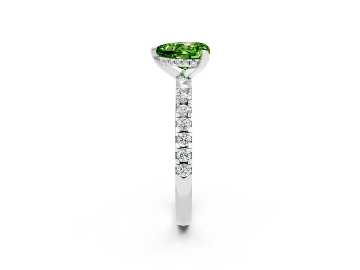 Heart Cut Peridot Solitaire Ring with Round Pavé Band and Four-Prong Setting Platinum