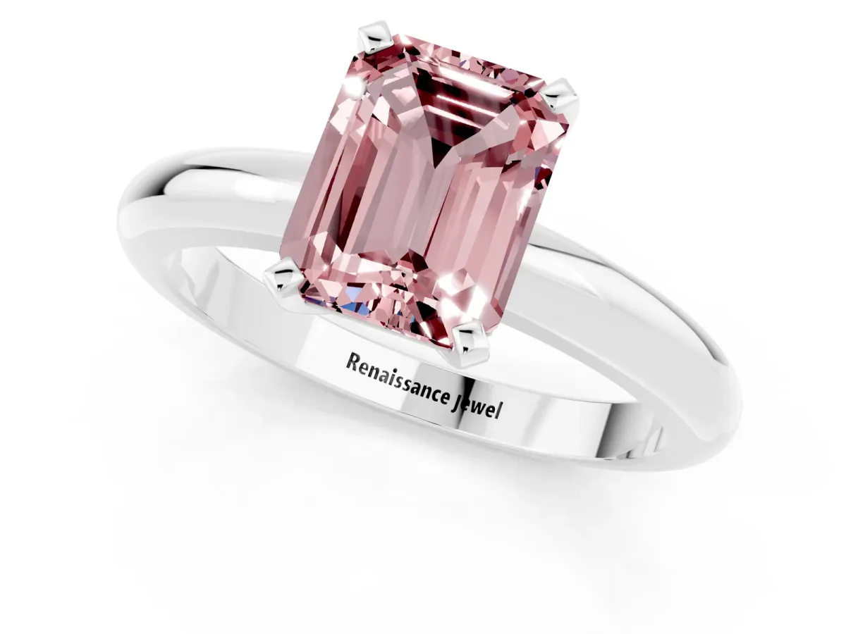 Emerald Cut Morganite Solitaire Engagement Ring with Round Band and Four-Prong Setting Silver