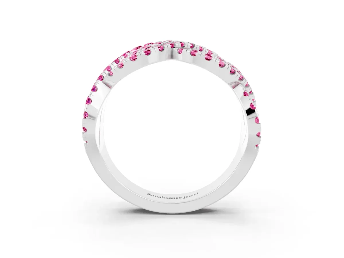 Pavé Round Pink Sapphire Infinity Twist Band with Shared Prong Setting White gold