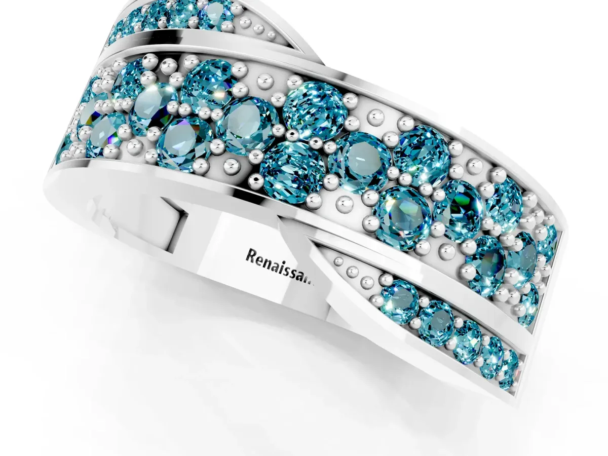 Pavé Round Blue Topaz Crossover Band with Bead Prong Setting Silver