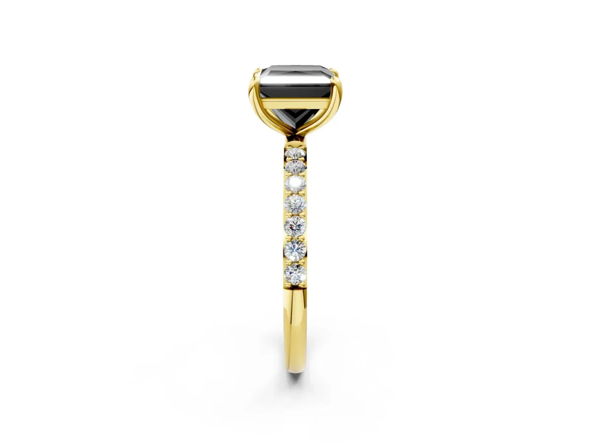 Fancy Black Princess Cut Diamond Solitaire Ring with Round Pavé Band and Prong Setting Yellow gold