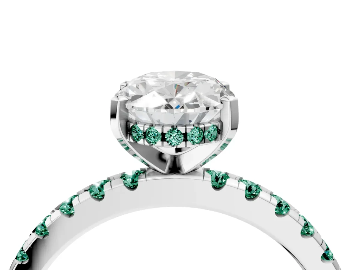 Oval Cut Diamond Solitaire Ring with Round Green Sapphire Pavé Band and Four-Prong Setting Silver