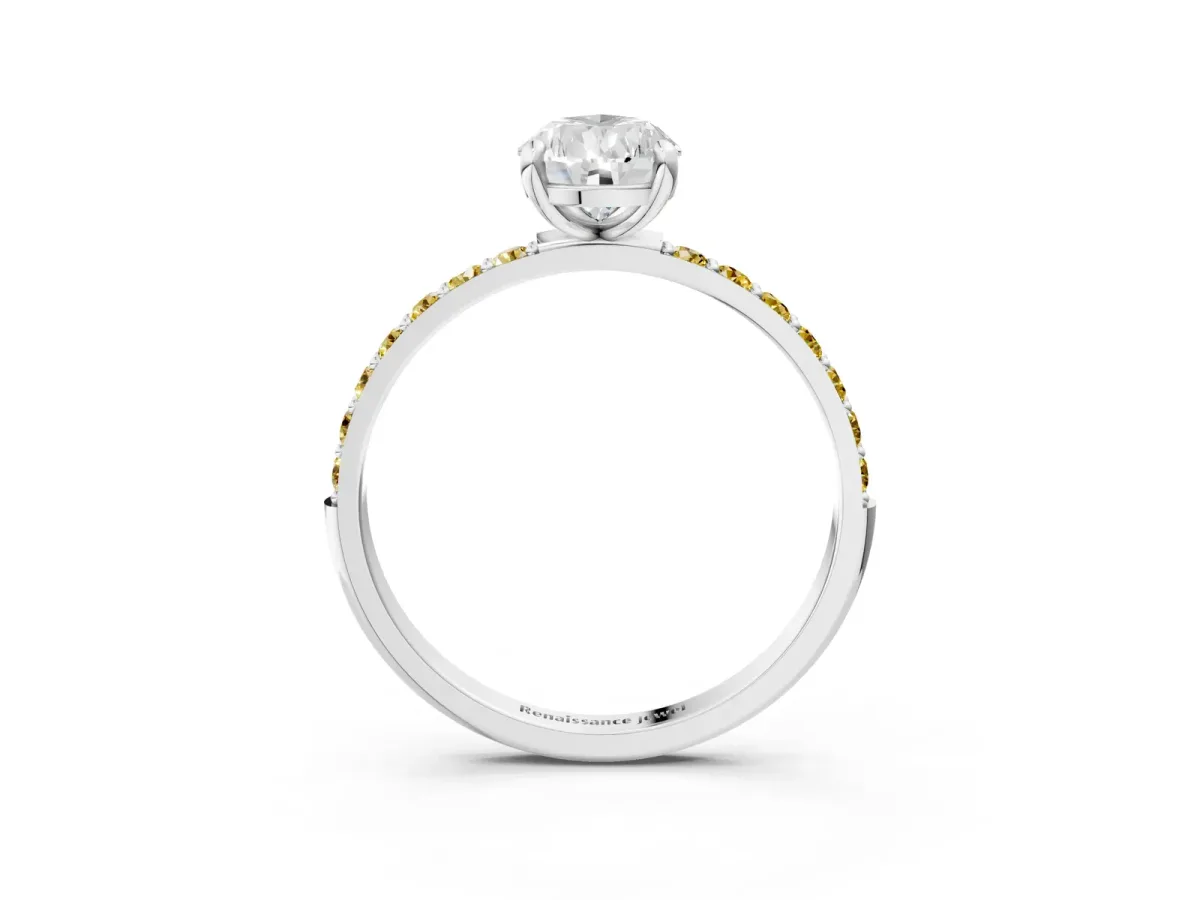 Pear Cut Diamond Solitaire Ring with Round Yellow Sapphire Pavé Band and Prong Setting Platinum