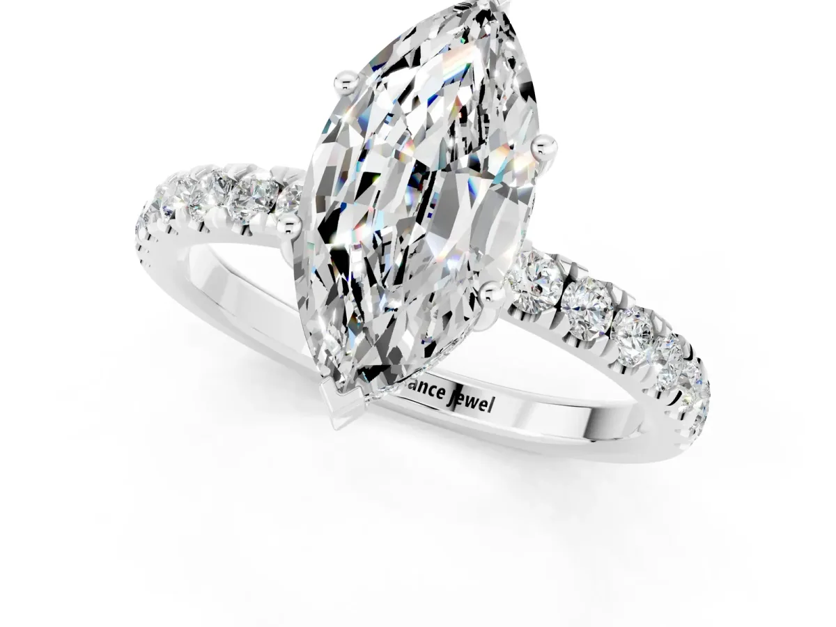 Marquise Cut Moissanite Pave Band Solitaire Ring with Round and Prong Setting Platinum