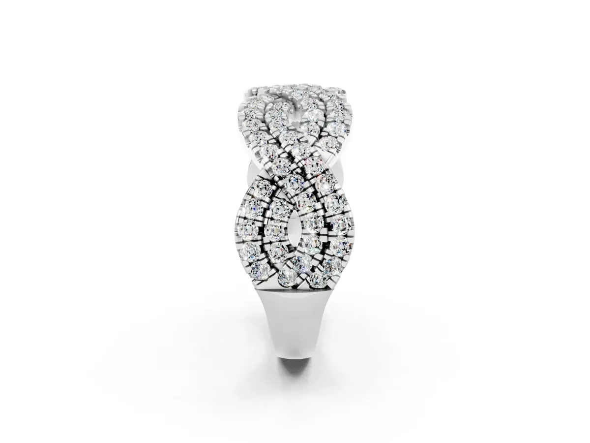 Pavé Round Moissanite Infinity Twist Band with Shared Prong Setting Silver