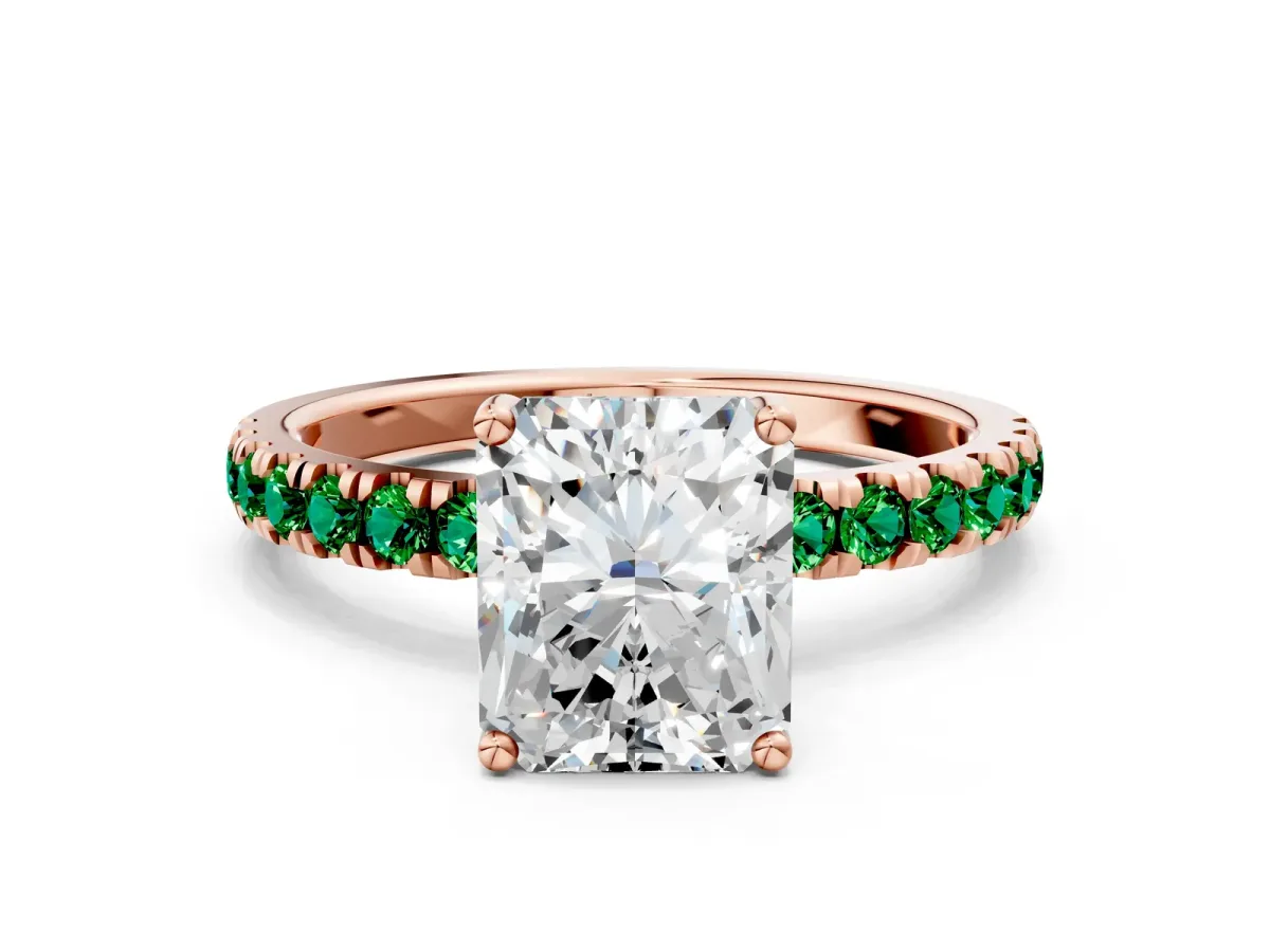 Radiant Cut Diamond Pave Band Solitaire Ring with Round Emerald and Prong Setting Rose gold