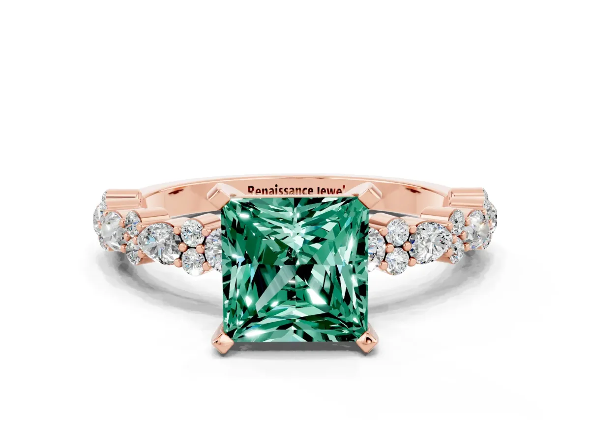 Princess Cut Green Sapphire Side Stone Solitaire Ring with Round and Four-Prong Setting Rose gold