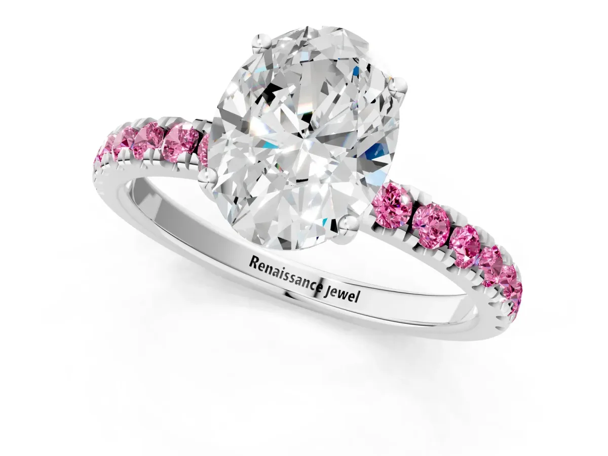 Oval Cut Diamond Pave Band Solitaire Ring with Round Pink Sapphire and Prong Setting Platinum