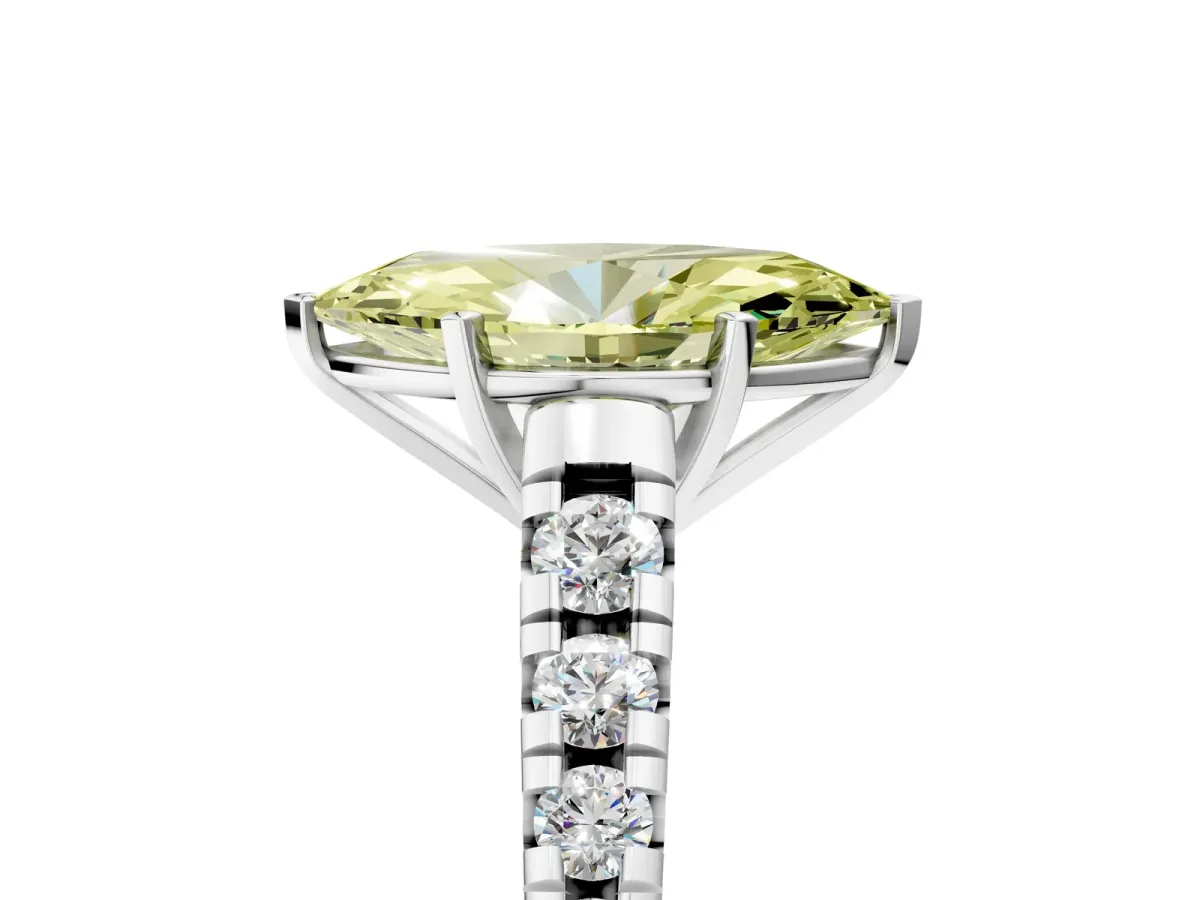 Fancy Yellow Marquise Cut Diamond Cathedral Solitaire Ring with Round Pavé Band Platinum